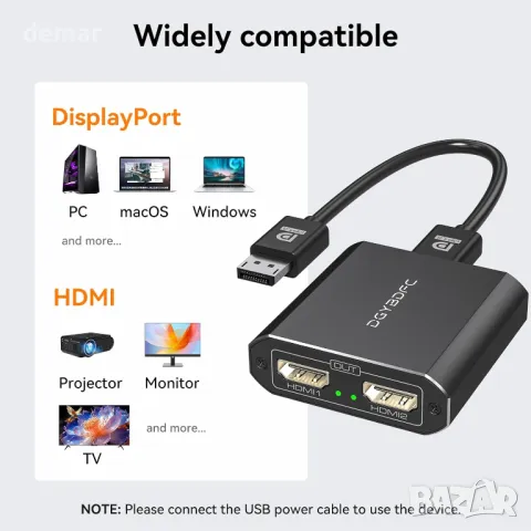 DGYBDFC 4K60Hz Displayport към двоен HDMI адаптер, DP 1.4 към 2х HDMI 2.0, снимка 5 - Кабели и адаптери - 48496117