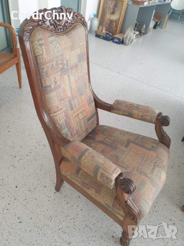 Старо кресло ръчна дърворезба 110см/висок масивен дървен стол с полакътници, снимка 4 - Антикварни и старинни предмети - 46514432