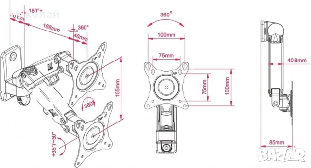 Ергономична гъвкава стойка за стена с едно удължение за монитори и телевизори (17"-27"), NB F120, снимка 3 - Други - 53233968