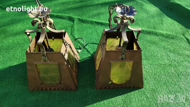 Старинни полилеи съчетание на метални капаци в меден цвят, елементи на ковано желязо и стъкла, снимка 8 - Полилеи - 52541226