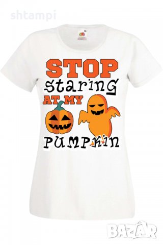 Дамска тениска Stop Staring At My Pumpkin 2,Halloween,Хелоуин,Празник,Забавление,Изненада,Обичаи,, снимка 2 - Тениски - 38138364