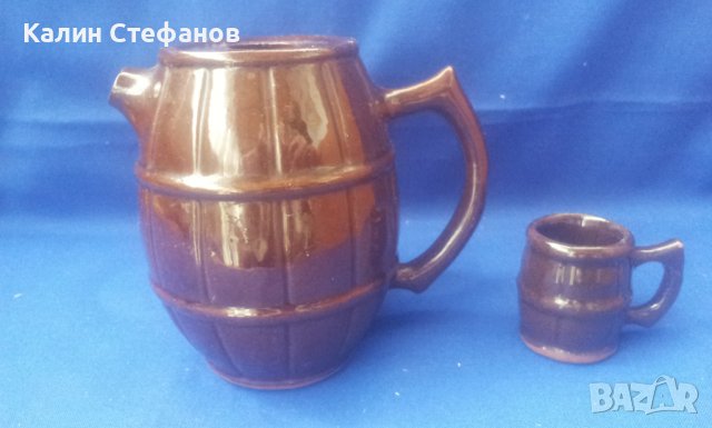 Керамичен сервиз в народен стил, буренца, буре и 6 буренца чашки, от едно време, снимка 5 - Антикварни и старинни предмети - 40613213