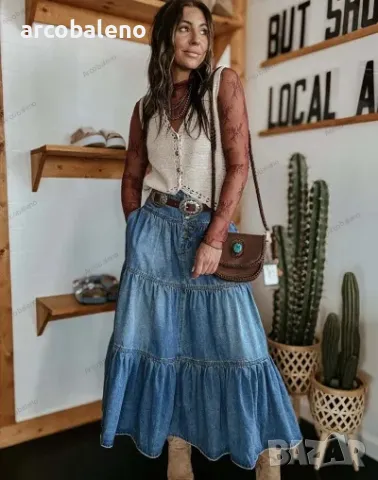 Дамска бохемска A-силуетна дънкова пола, снимка 4 - Поли - 48340126