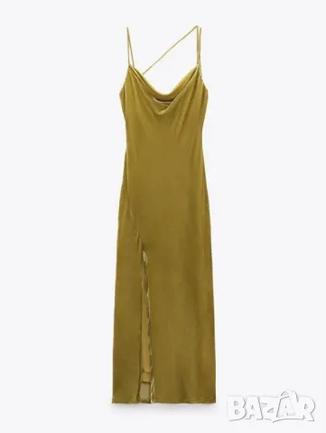 Zara Елегантна рокля от кадифе, охра, размер L, снимка 6 - Рокли - 50075021