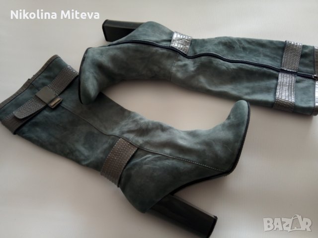 Сиви велурени ботуши, снимка 2 - Дамски ботуши - 27425392