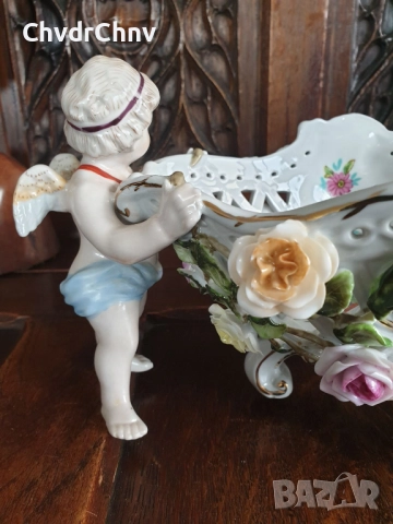 Meissen фигурална ажурна фруктиера 32см/стара Майсен порцеланова жардениера с херувими, снимка 12 - Антикварни и старинни предмети - 50629216