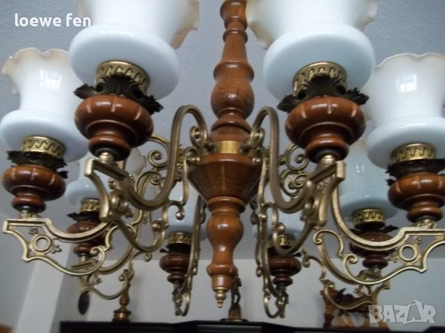 Полилей абажур CHANDELIER орех и бронз дърво метал ! Старинен античен антикварен !, снимка 2 - Полилеи - 39377537