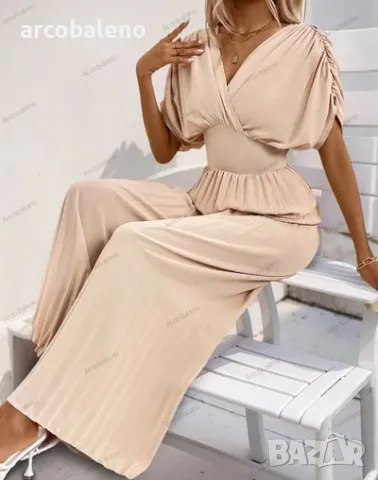 Дамски плисиран широк гащеризон с V-образно деколте, снимка 2 - Гащеризони - 49594223