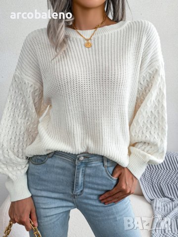 Дамски плетен пуловер с дълъг фенер ръкав за свободното време, 3цвята - 024, снимка 11 - Блузи с дълъг ръкав и пуловери - 43468486