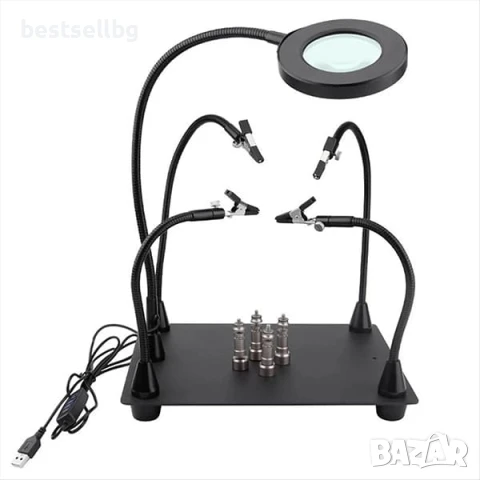 Увеличителна настолна лупа със станция за запояване LED осветление помощна трета ръка за платки, снимка 6 - Поялници и запояване - 51178862