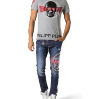 PHILIPP PLEIN 'Squeeze It' Air Force Skull Slim Fit Мъжка Тениска size L (S / M), снимка 4 - Тениски - 43808362