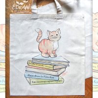 Текстилна чанта / торба за пазар с дълги дръжки "Коте и книги" /принт, авторска илюстрация/, снимка 1 - Чанти - 25547148