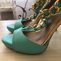 Тюркоазено зелени сандали на ток, 37, снимка 2 - Сандали - 36687760