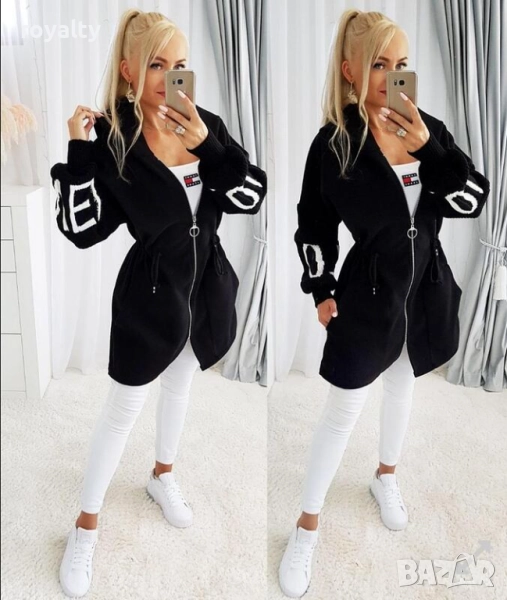 Черно дамско палто с плетени ръкави, снимка 1