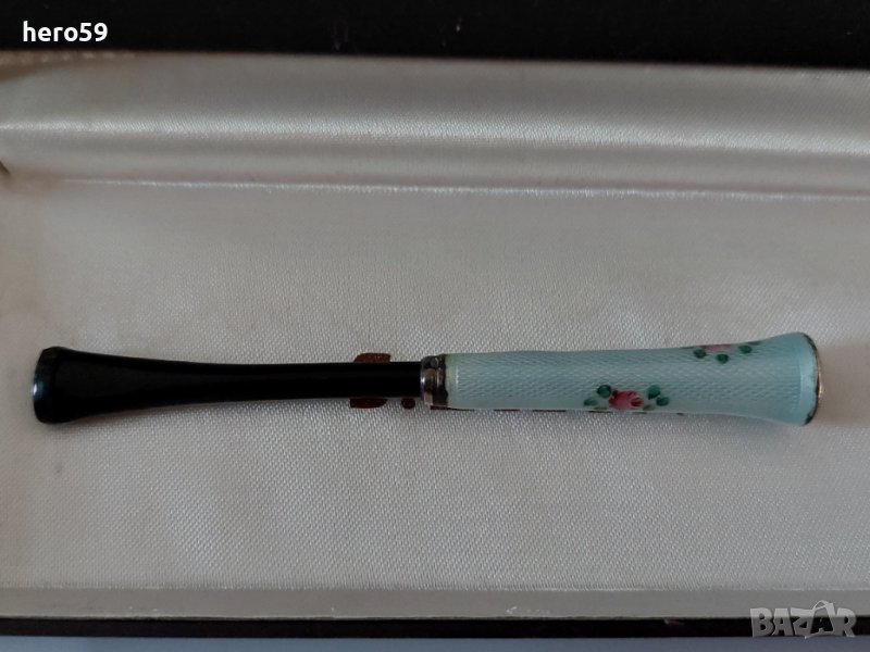 Сребърно цигаре с гилеше емайл и чер корал/ silver guilloche enamel cigarette holder/, снимка 1