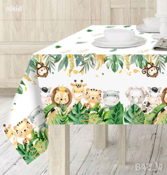 Сафари Джунгла Зоо Диви Животни бяла найлонова покривка за парти рожден ден, снимка 1