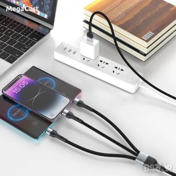 Кабел за данни DeTech DE-52UCL, 3 в 1, USB - 2хType-C, Lightning, 1.0m, Черен, снимка 1