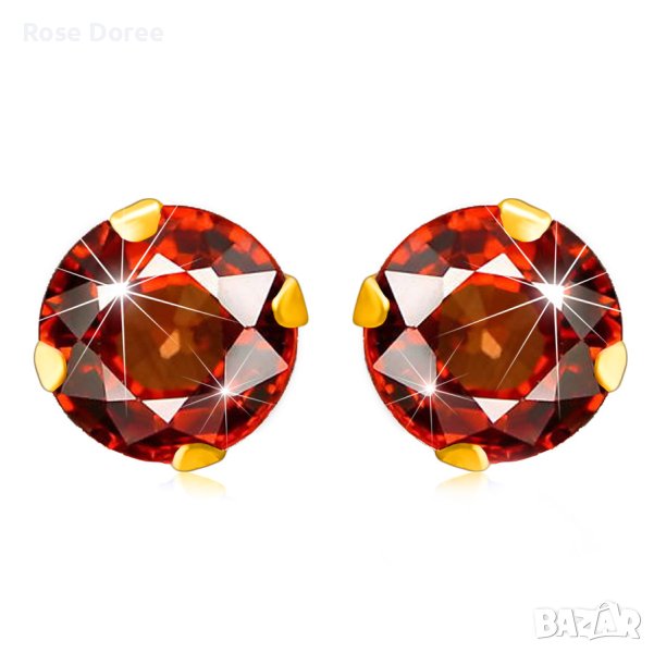 Обеци от жълто злато проба 375 – шлифован кръгъл цирконий в червен цвят, снимка 1