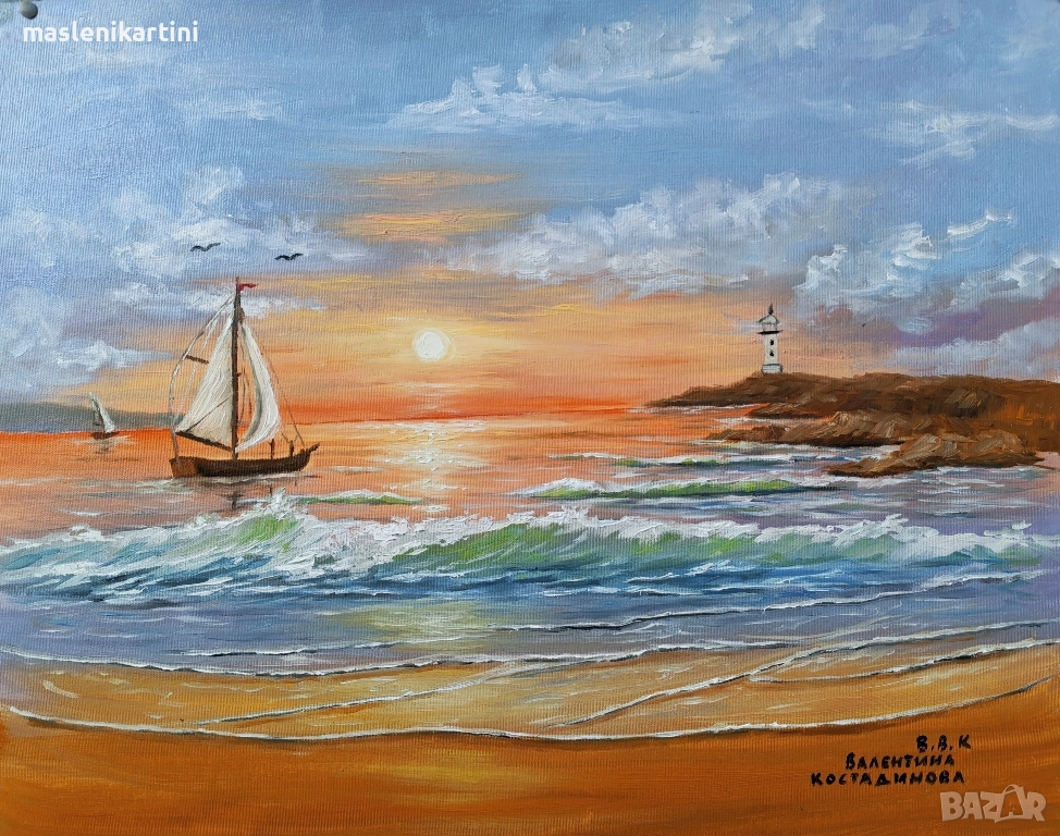 МОРСКИ ПЕЙЗАЖ С КОРАБ маслена картина, снимка 1