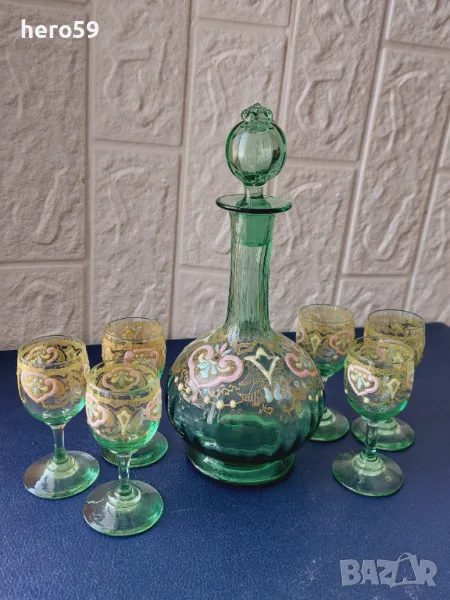 Венециански комплект за ликьор,стъкло с рисуван емайл, снимка 1