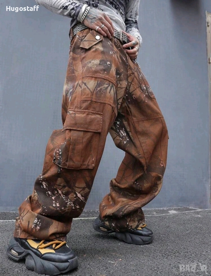 Нови baggy Casual Loose Fit Jeans дънки панталони карго кафяви камуфлажни джобове размер 32 /М, снимка 1
