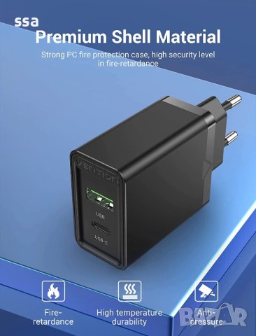 Vention бързо зарядно Fast Charger Wall - QC4.0, PD Type-C + QC3.0 USB A, 20W Black - FBBB0, снимка 6 - Оригинални зарядни - 43454633