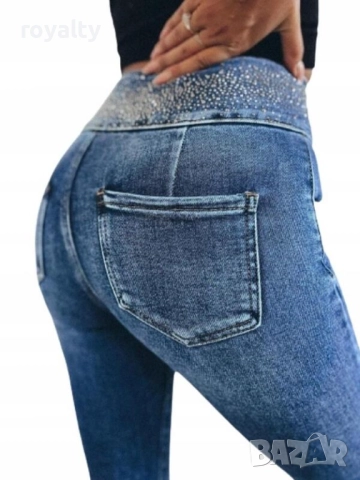 Сини дънки с камъни висока талия, снимка 3 - Дънки - 51946474