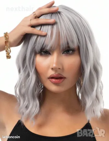 Сребристо сива къса вълнообразна перука с бретон, снимка 2 - Аксесоари за коса - 47370903