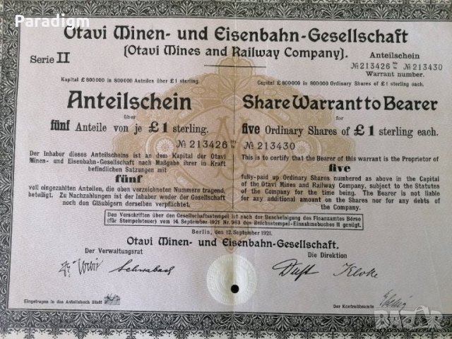 5 Акции | Otavi Mines & Railway Company | 1921г., снимка 2 - Други ценни предмети - 28298641