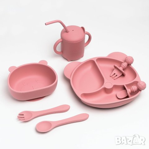 Baby Eats® Силиконов комплект за хранене на бебета 9 части (розов), снимка 6 - Прибори, съдове, шишета и биберони - 43642695
