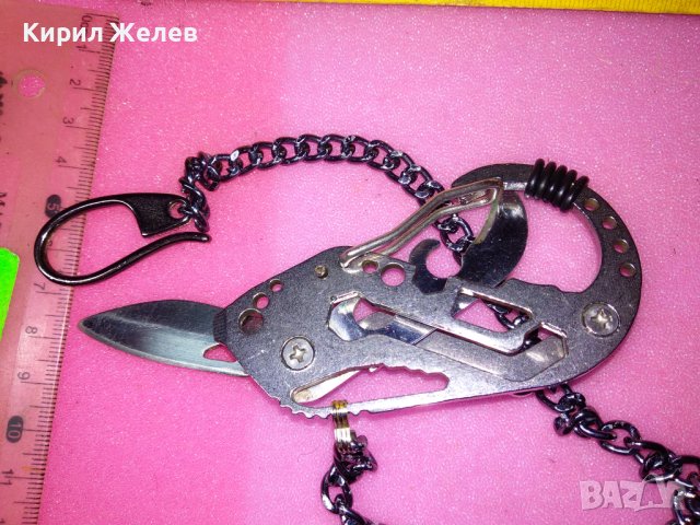 ИНТЕРЕСЕН ФЕШЪН МОДЕЛ НЕРЪЖДАЕМО КОМБИНИРАНО СГЪВАЕМО НОЖЧЕ с ЩЕМПЕЛ 1997 и ВЕРИЖКА / КЮСТЕК 43112, снимка 7 - Ножове - 44076672