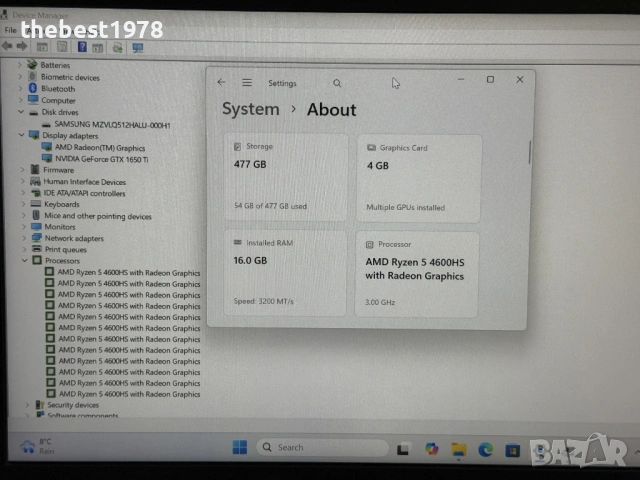 ROG Zephyrus G14`Ryzen 4600HS/GTX 1650Ti/16GB RAM/512GB SSD/FHD IPS, снимка 7 - Лаптопи за игри - 53488033