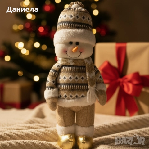 Коледна играчка Снежен човек с плетен костюм и златни ботушки, снимка 4 - Декорация за дома - 52119460