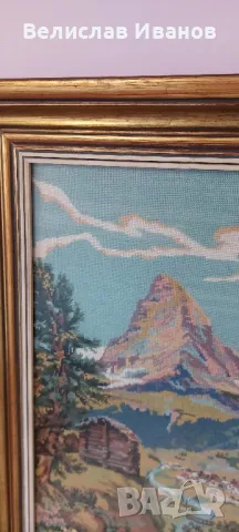 Гоблен планински пейзаж със стъкло и красива дървена рамка.Отлично състояние, снимка 5 - Гоблени - 50054177