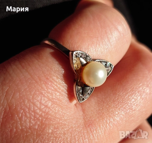 Сребърен пръстен с перла и циркониеви камъни, снимка 7 - Пръстени - 53056943