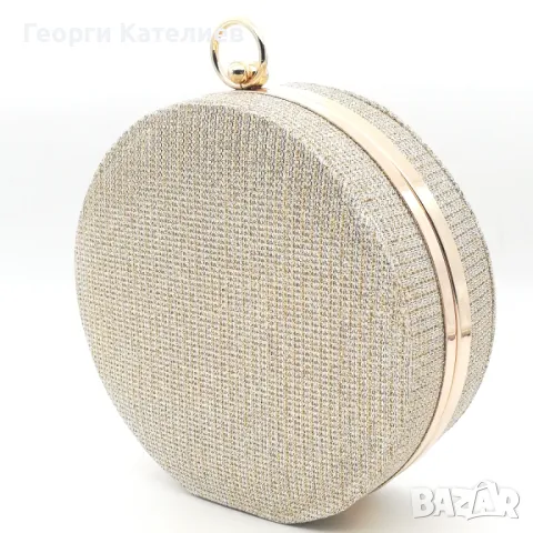 Дамска чанта клъч малка, кръгла, златиста, твърда, снимка 2 - Чанти - 48355857