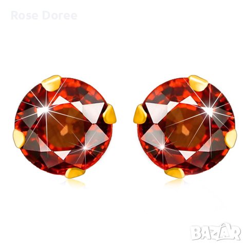 Обеци от жълто злато проба 375 – шлифован кръгъл цирконий в червен цвят, снимка 1