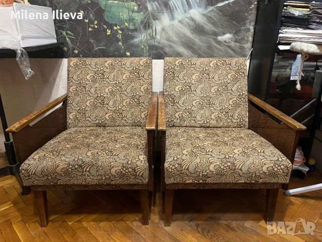 🪑 Два ретро фотьойла от 70-те/80-те години – дървени подлакътници, оригинална дамаска- Ст.Загора, снимка 6 - Дивани и мека мебел - 50849321