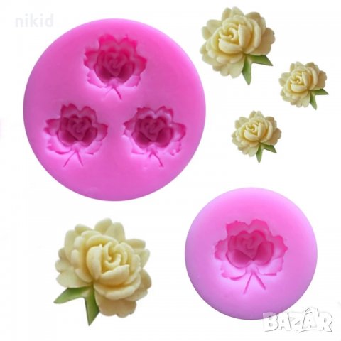 3 малки розички роза с листенца кръг силиконов молд за фондан украса торта декорация мъфини шоколад, снимка 2 - Форми - 21282262