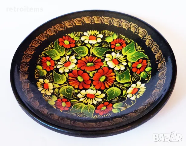 Винтидж. Дървена, ръчно рисувана лакирана чиния за стена  , снимка 2 - Декорация за дома - 49590698