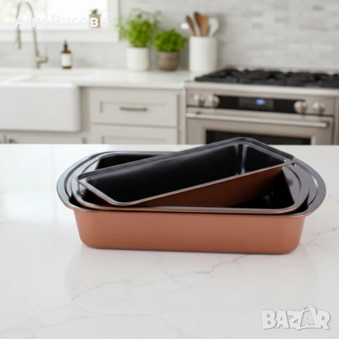 Комплект от 3 тави за печене Cheffinger с незалепващо покритие – различни размери, меден цвят, снимка 2 - Съдове за готвене - 53359145