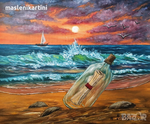 Морски пейзаж залез. маслена картина