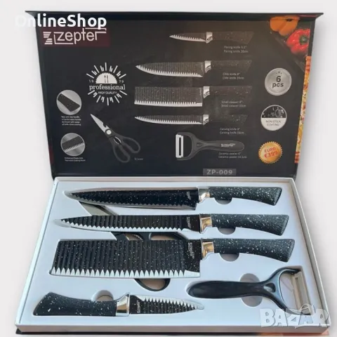 Комплект стоманени ножове , 6 части, незалепващо покритие, черен, снимка 2 - Други - 49230341