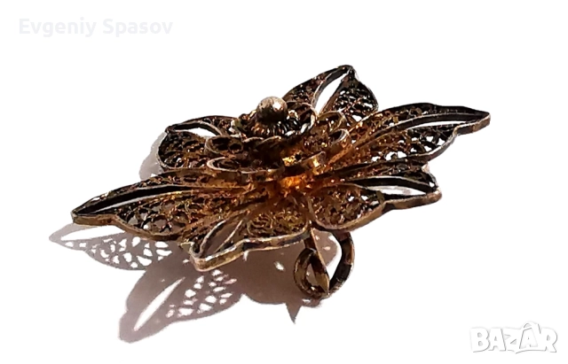 Старинна Сребърна Брошка Красиво Цвете Филигран Изцяло Ръчна Работа, снимка 4 - Други - 52437837