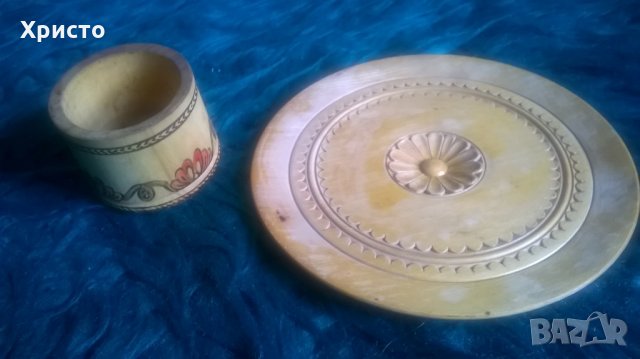 чиния със солница дървени етно антики комплект