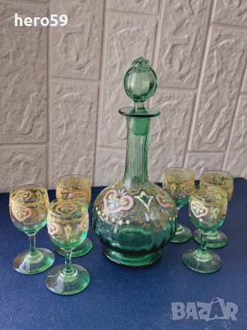 Венециански комплект за ликьор,стъкло с рисуван емайл, снимка 1