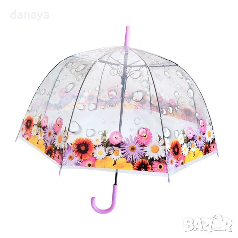 2180 Дамски чадър за дъжд прозрачен с принт на цветя 80см диаметър, снимка 2 - Други - 43177686