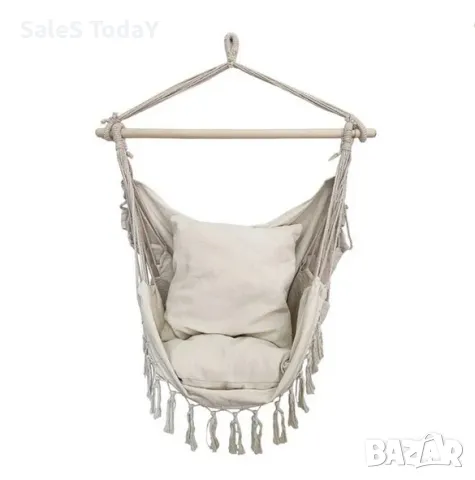 Люлка за градина+ 2бр възглавници, висяща, Бежов хамак, с 2 възглавници, 100x130x110 см , до 110кг, снимка 1