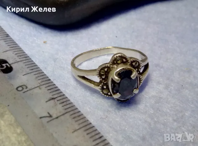 СТАРИНЕН МАРКАЗИТЕН СРЕБЪРЕН ПРЪСТЕН СРЕБРО 925 АВТОРСКИ с 2 ЩЕМПЕЛА и РЯДЪК ТЪМЕН АМЕТИСТ 48267, снимка 8 - Антикварни и старинни предмети - 50354750