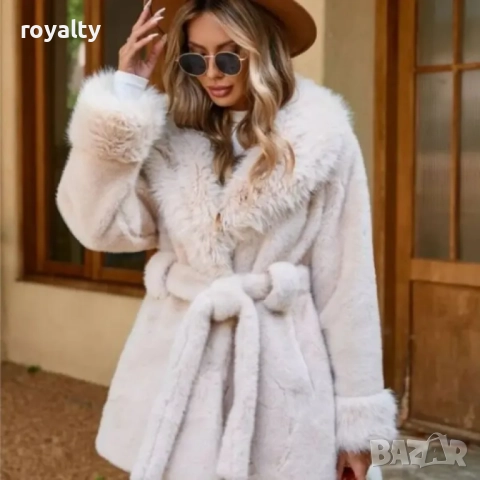 Дамско бежово еко-палто с колан и шал яка, снимка 2 - Палта, манта - 52199608